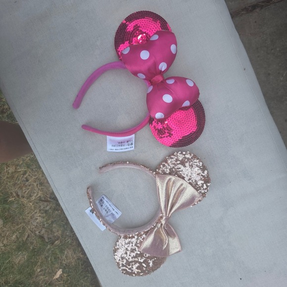 Disney Accessories - Disney Parks Minnie Mouse Ears Headband Lot Rose Gold Magenta Pink Sequins Bow